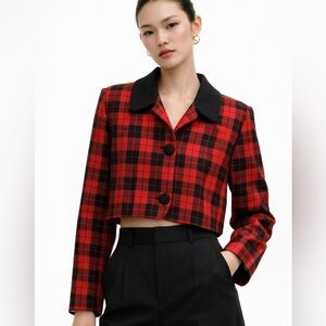 Vintage Cropped Red & Black Plaid Blazer